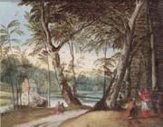 A wooded landscape with a beggar kneeling before a cardinal unknow artist